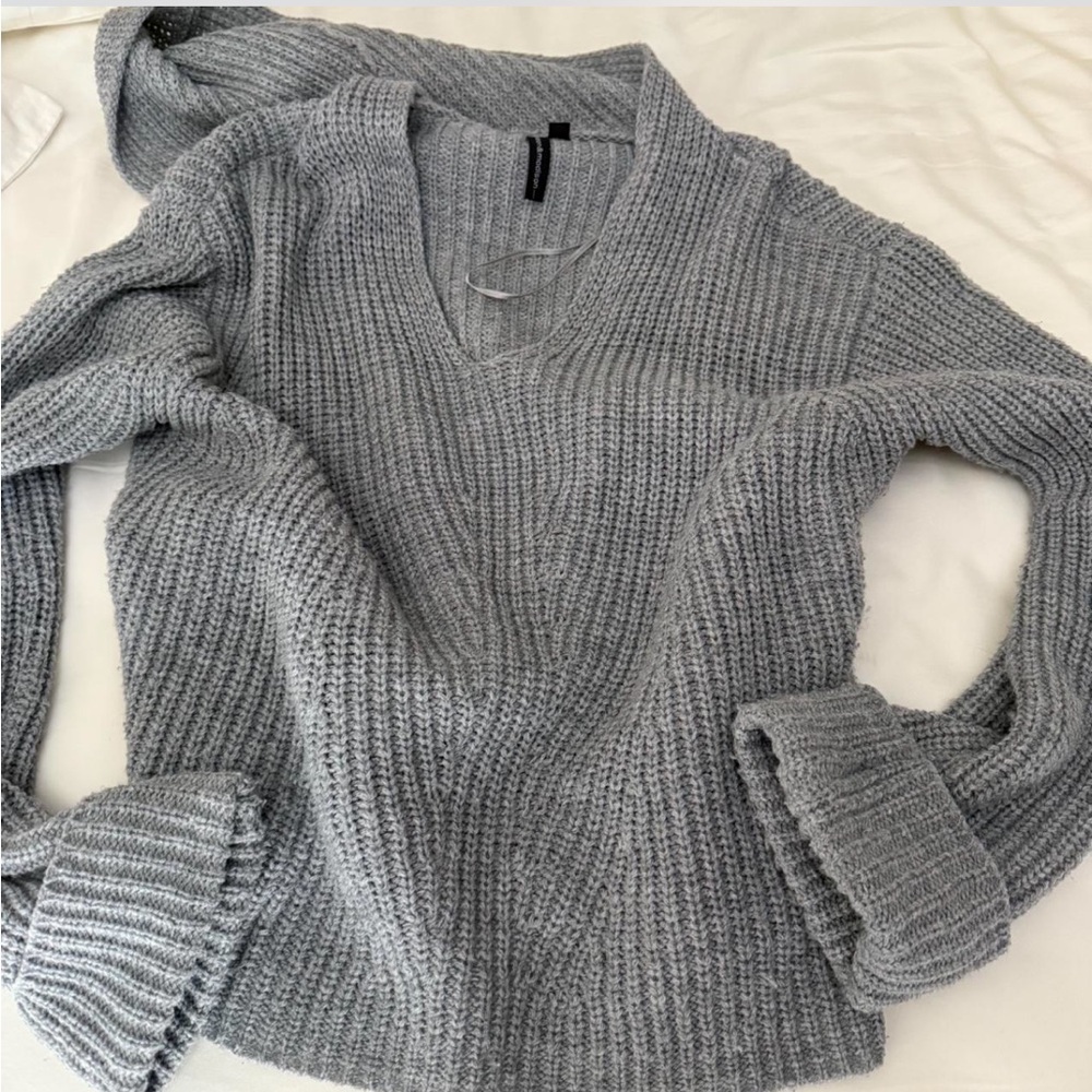 Moon & Madison Light Gray Textured Sweater with Stylish Long Hood Accent